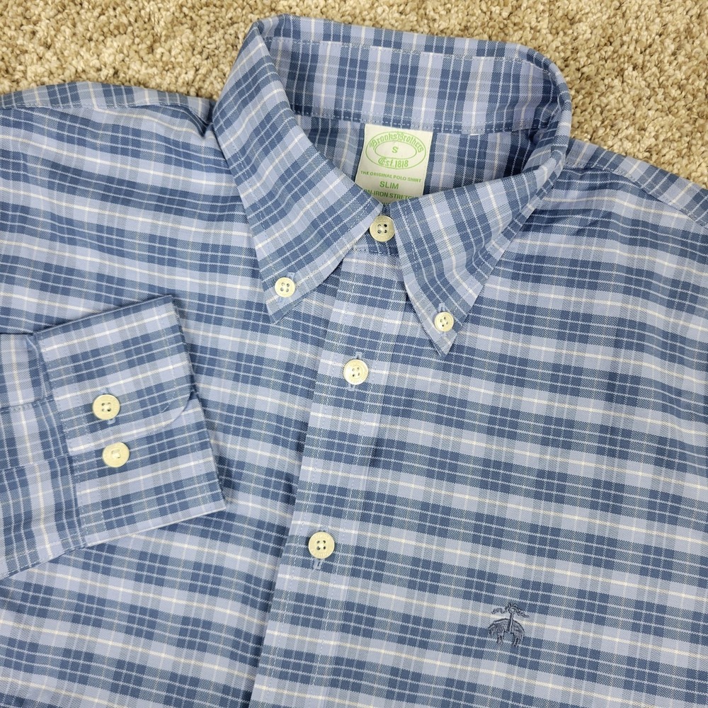 NWOT Brooks Brothers Slim Mens Small Blue Plaid Button Down Long Sleeve
